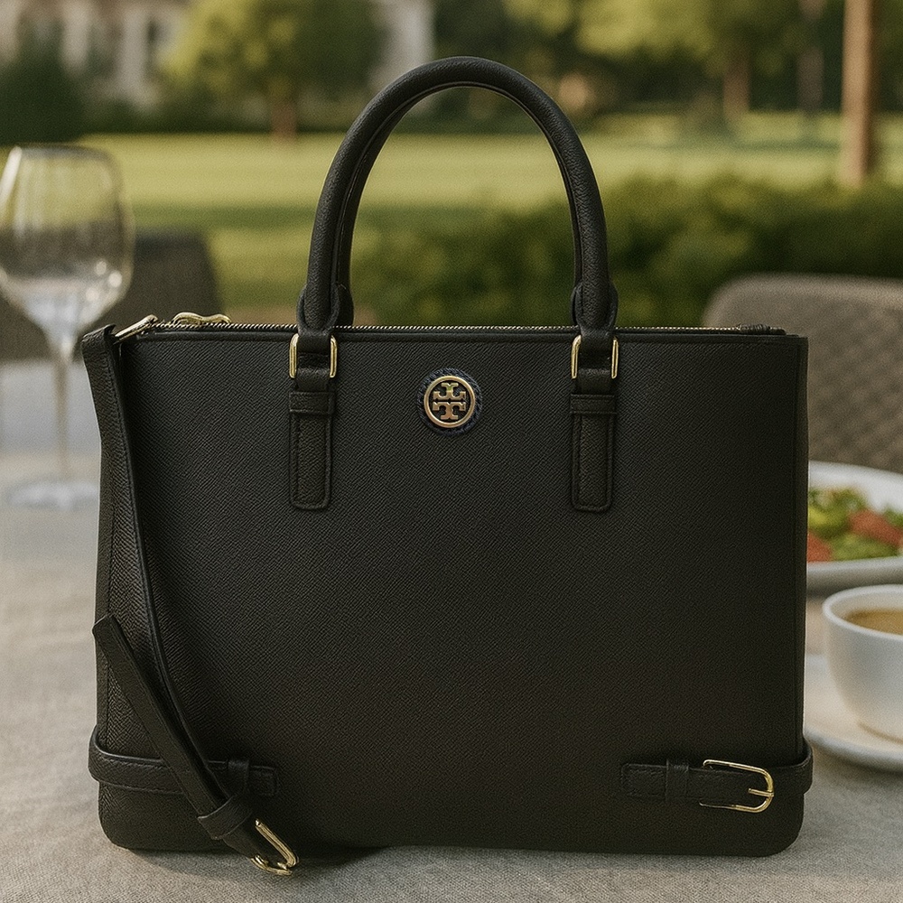 NEW Tory Burch Robinson Tote Satchel Black Saffiano Leather Large Double-Zip Bag